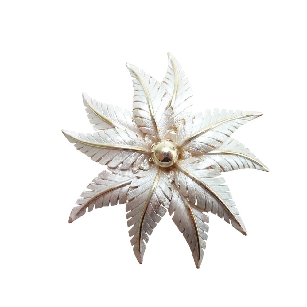 Vintage Two Tone Silver & Gold Leaf Flower Brooch Pin Matte Finish MCM Style